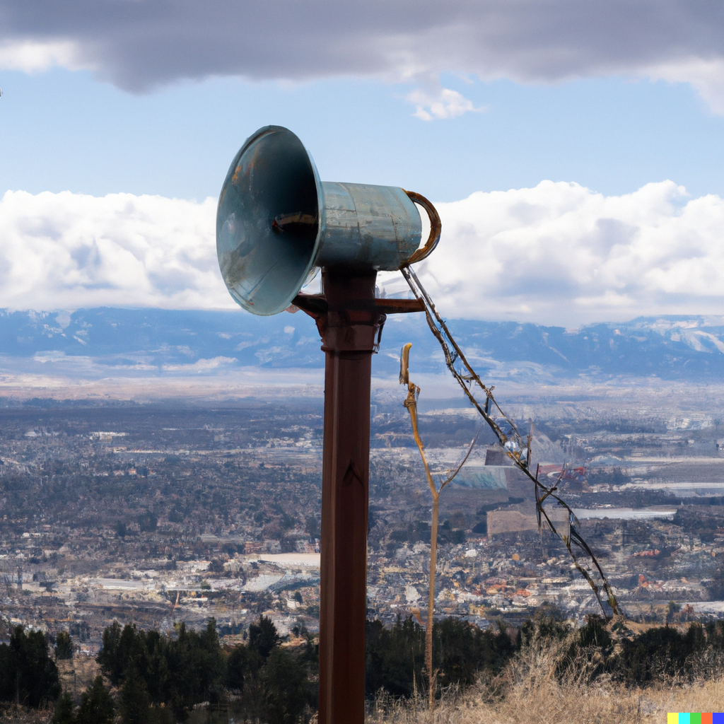 DALL·E 2023-01-29 20.09.27 - a vintage siren on a mountain overlooking a city on a partly cloudy day.png