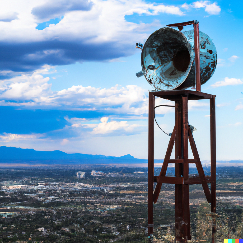 DALL·E 2023-01-29 20.08.40 - a vintage siren on a mountain overlooking a city on a partly cloudy day.png